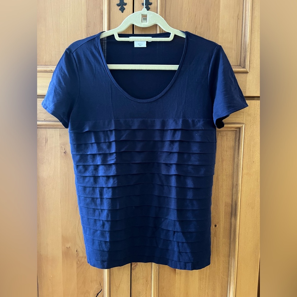 Women's Lacoste Bright Navy Blue Short Sleeve Ruffled Pleated Fitted T-shirt Top